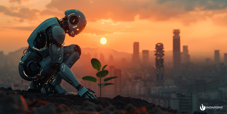 Robot nurturing plant symbolizing responsible and sustainable generative AI reference architecture in enterprises