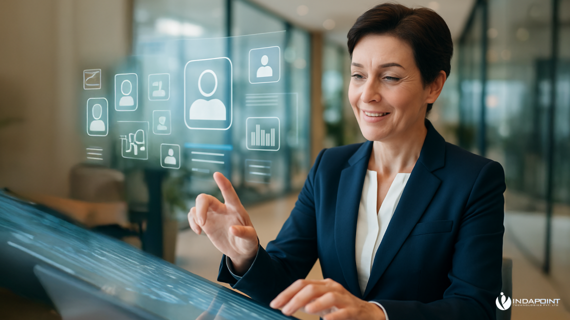 Business leader using a digital HR dashboard with employee profiles, analytics, and management data.