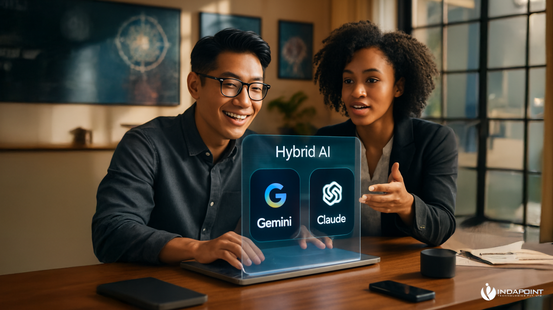 Hybrid AI concept showing Gemini and Claude together, with a team discussing multi-model AI strategy.
