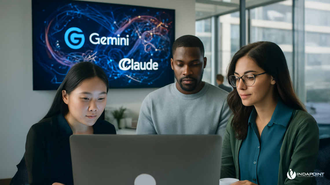 Team reviewing AI model options, with Gemini and Claude displayed in the background.