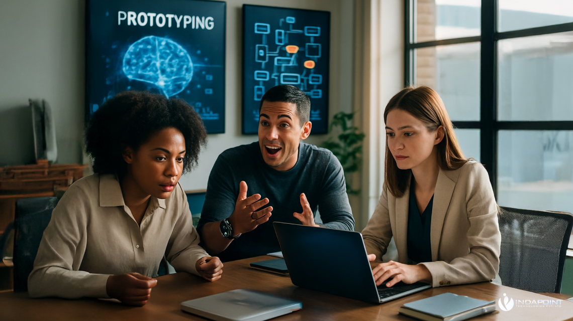 Team collaborating on an AI prototyping session with a laptop and product flow diagrams in the background.
