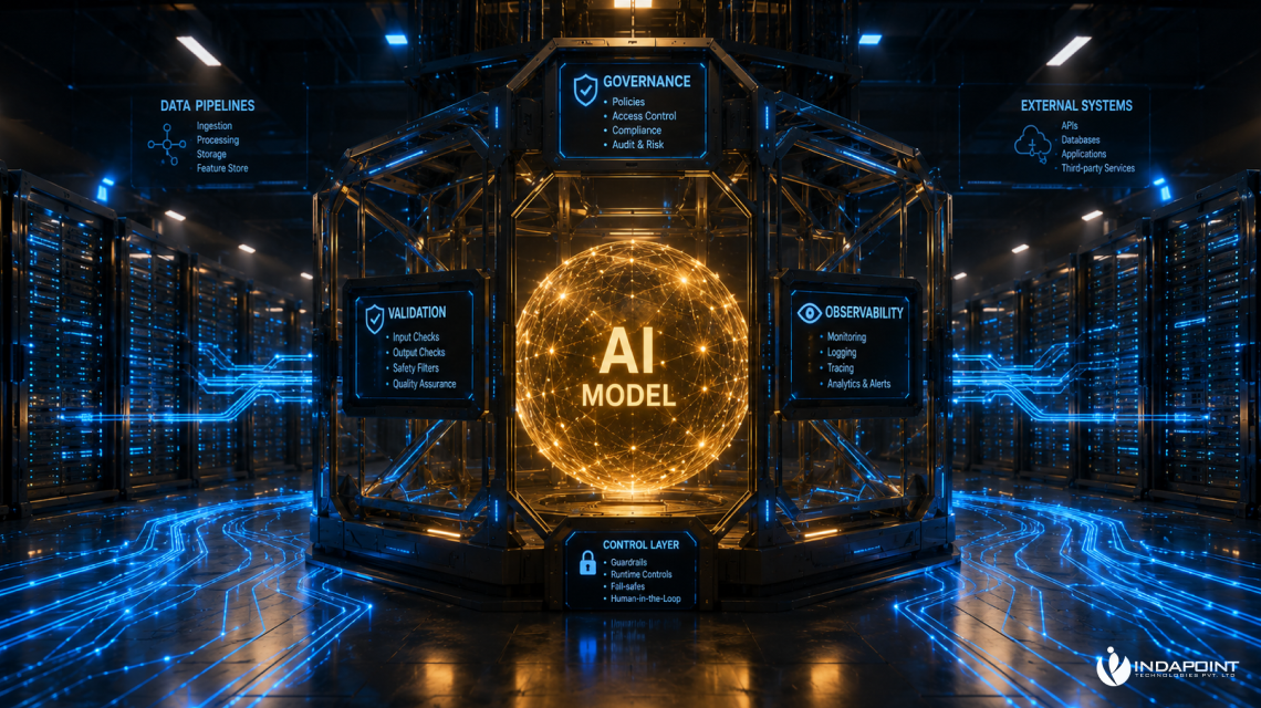 AI model infrastructure with governance, validation, observability, and control layers connected across data pipelines and external systems.