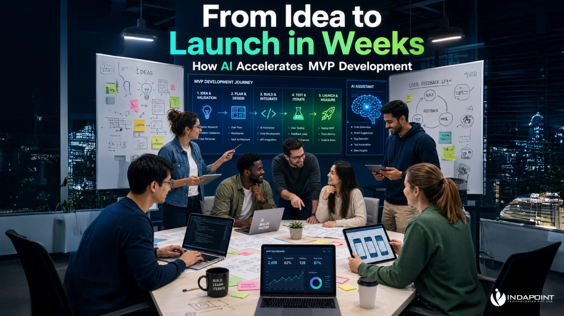 Team brainstorming an AI-powered MVP development journey, from idea validation to launch in weeks.