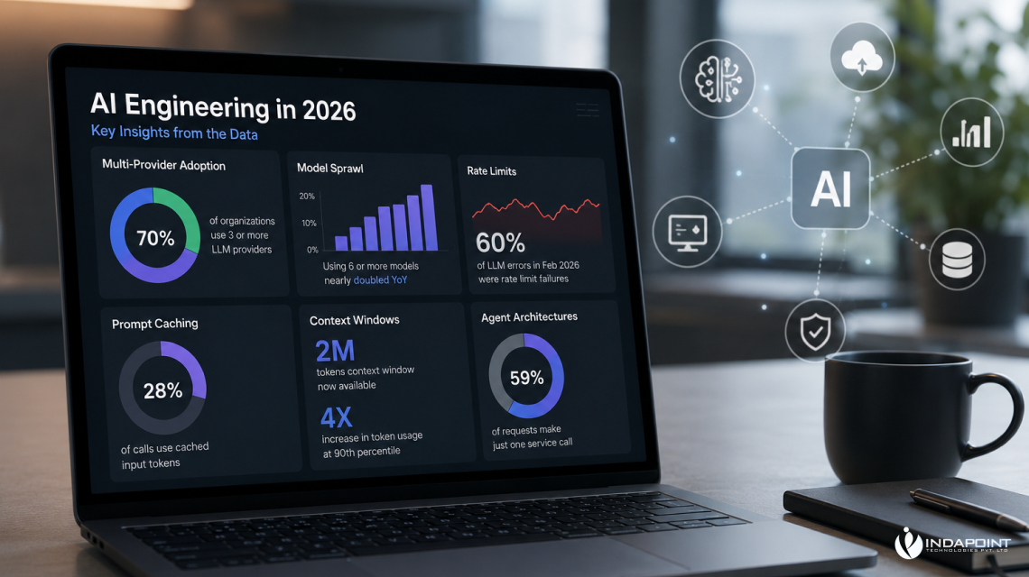 AI engineering dashboard showing 2026 insights on LLM adoption, caching, context windows, rate limits, and agent architecture.