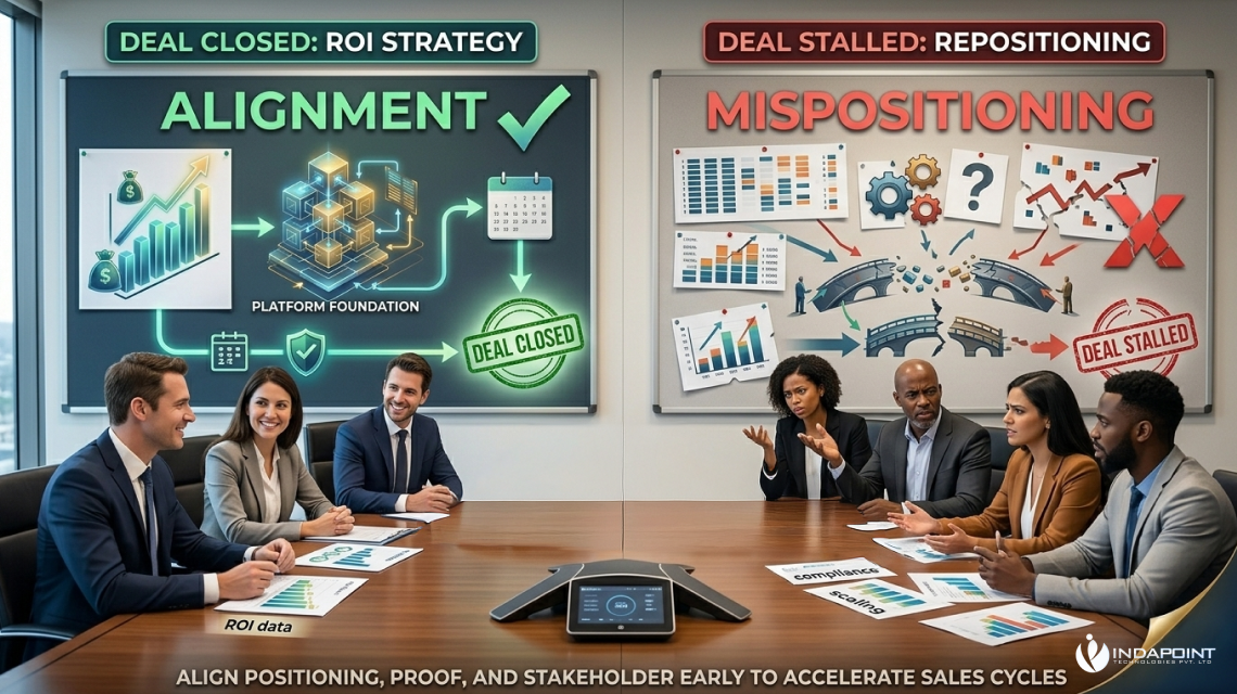 Split-screen business strategy comparison showing aligned ROI planning leading to a closed deal, while unclear positioning causes a stalled deal.