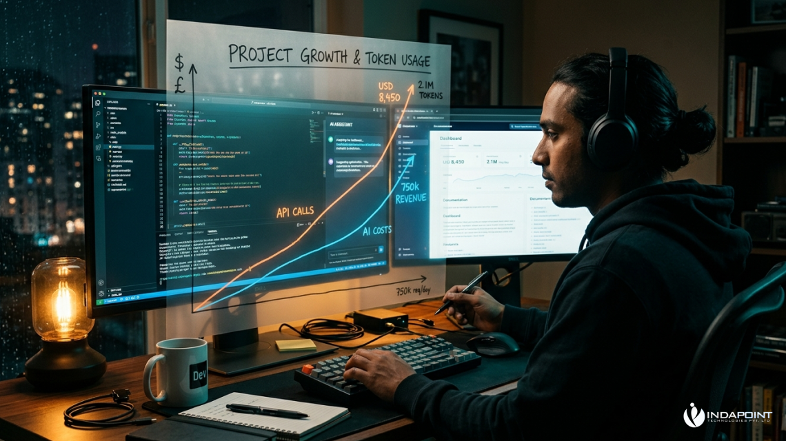 Developer working with project growth, token usage, API calls, revenue, and AI cost dashboards across multiple monitors.